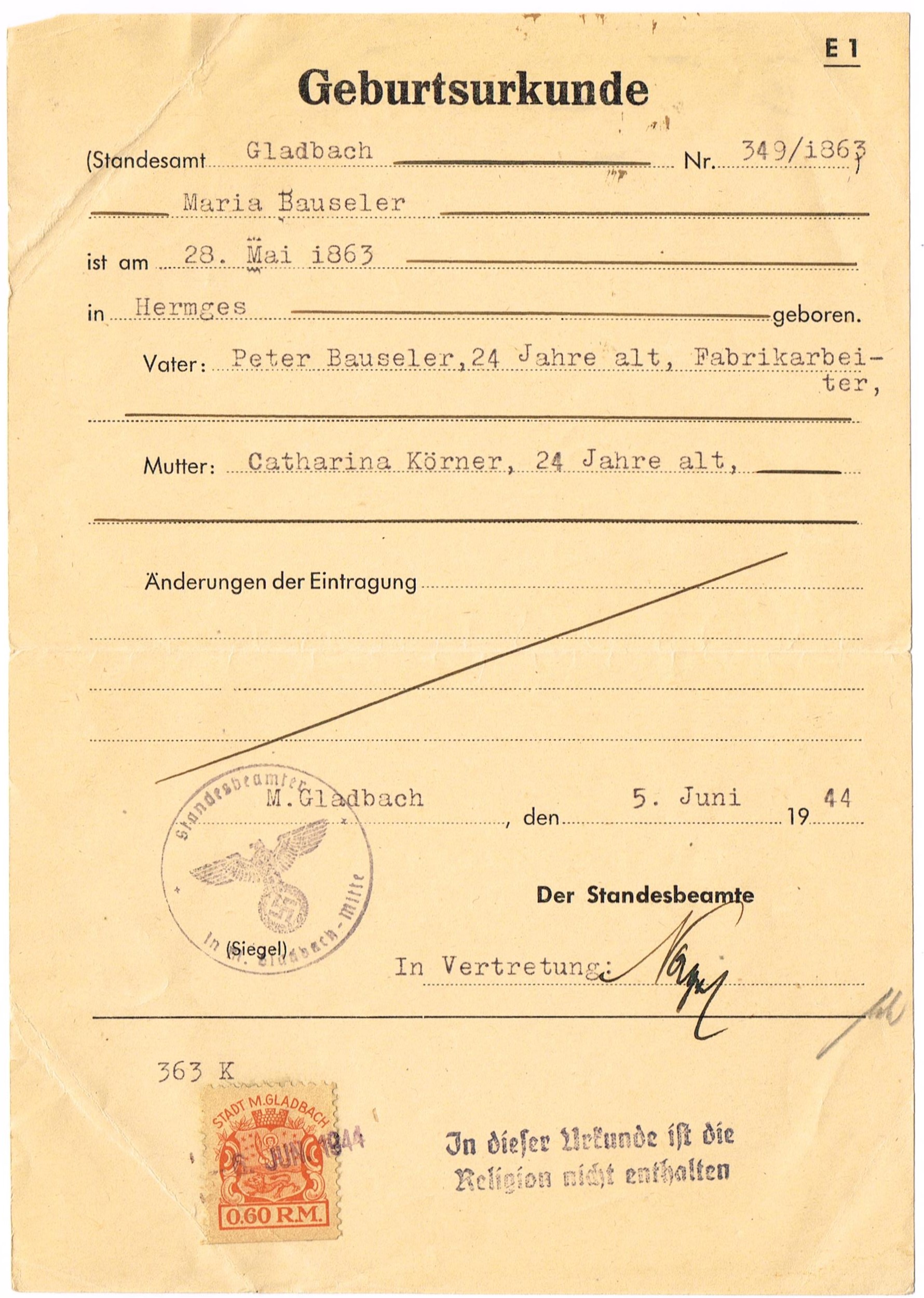 Photo Geburtsurkunde 349/1863